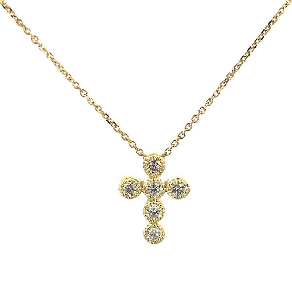 Raymond Mazza 14K Yellow Gold Milgrain Diamond Cross Necklace CZ7669