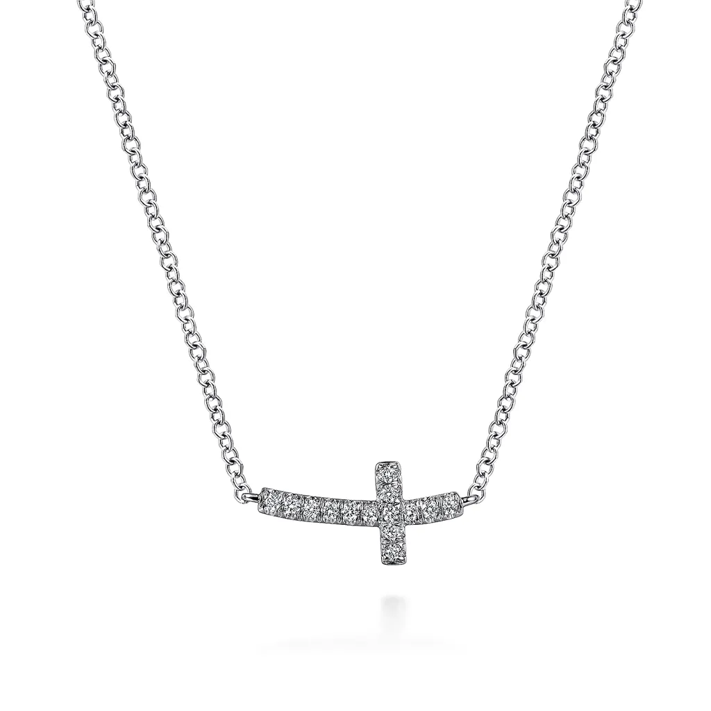 Gabriel & Co. Fashion 14K White Gold Sideways Curved Diamond Cross Necklace