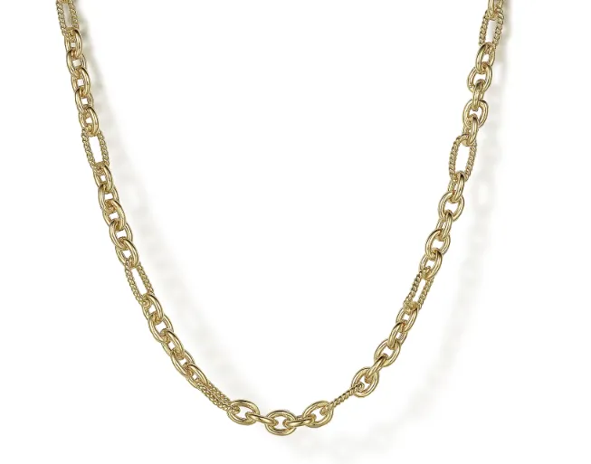 14K Yellow Gold Link Chain Necklace with Twisted Rope Stations