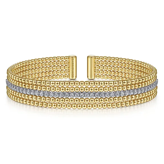 Wide 14K White and Yellow Gold Bujukan Diamond Cuff Bangle
