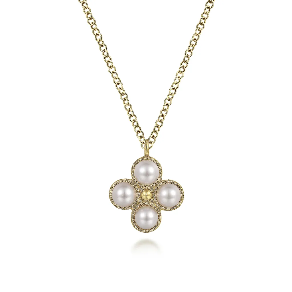 Gabriel & Co. Fashion 14K Yellow Gold Pearl Flower Pendant Necklace