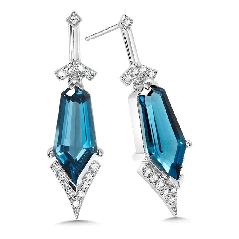 14K WHITE GOLD ELONGATED HEXAGON-SHAPED LONDON BLUE TOPAZ & DIAMOND EARRINGS CGE218W-DLBT