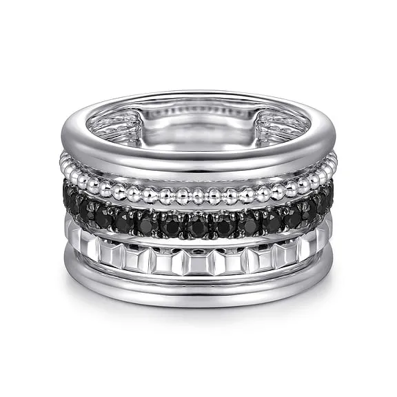 Bujukan Black Spinel & Pyramid Multi Row Stackable Lds Ring
