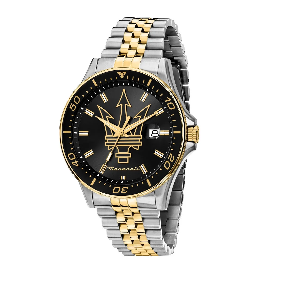 maserati sfida 44mm 3h black dial stainless steel & yellow gold bracelet