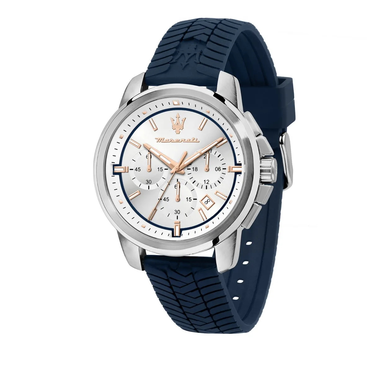 maserati successo 44mm chr w/silver dial blue st
