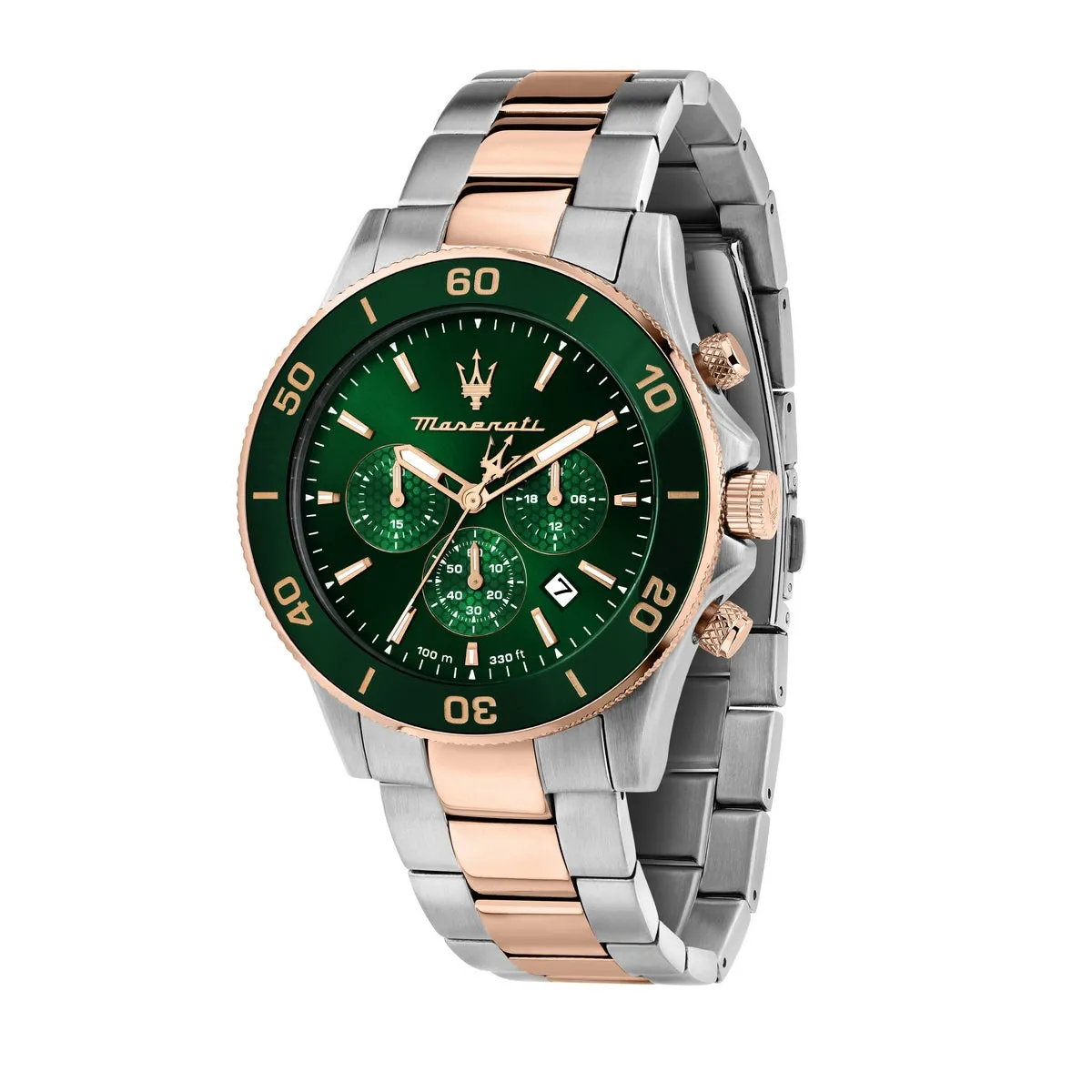 maserati competizione 43mm stainless steel case & rose gold pusher chrono movement green dial stainless steel & rose gold bracelet ceramic bezel