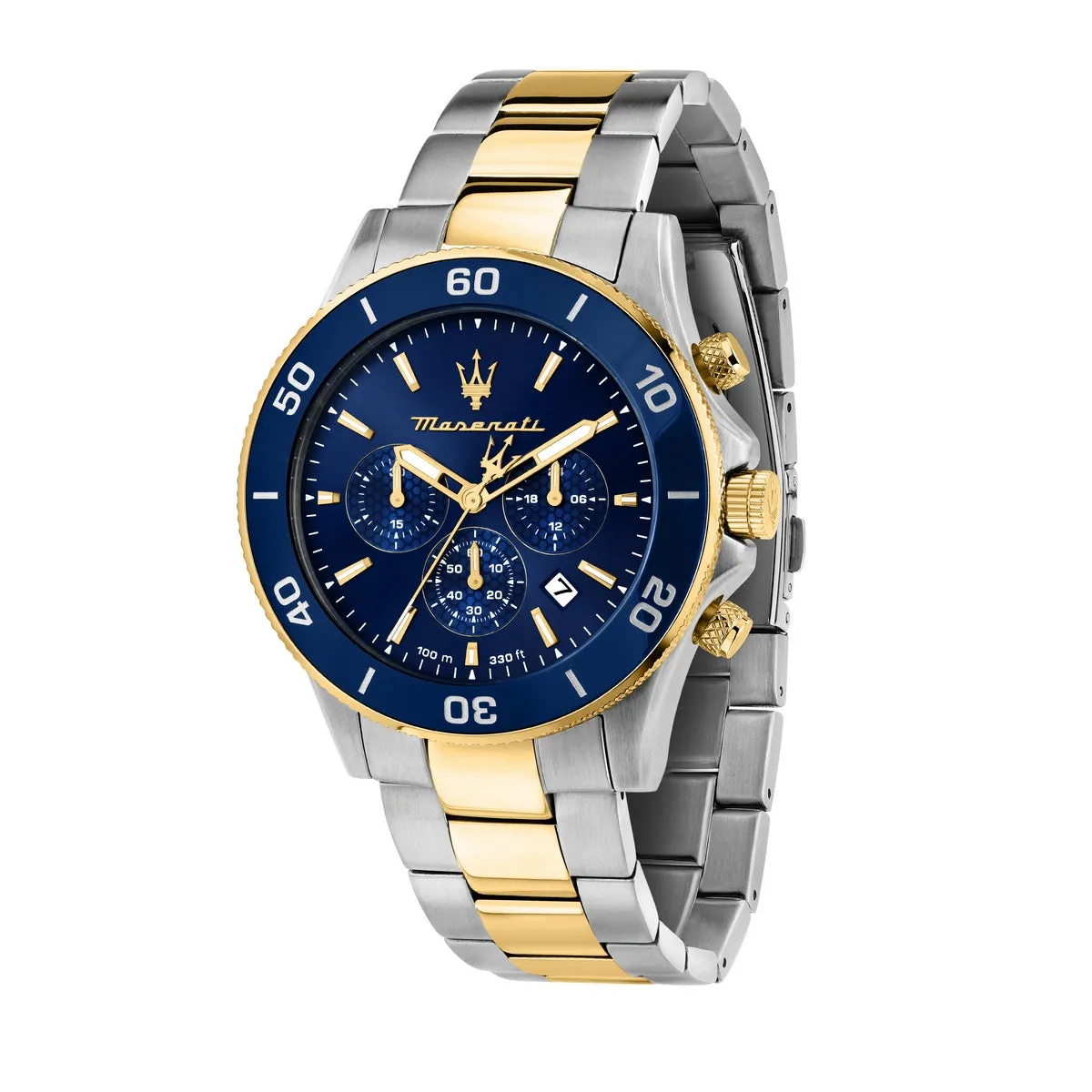 maserati competizione 43mm stainless steel case chrono movement blue dial stainless steel e yg bracelet ceramic bezel