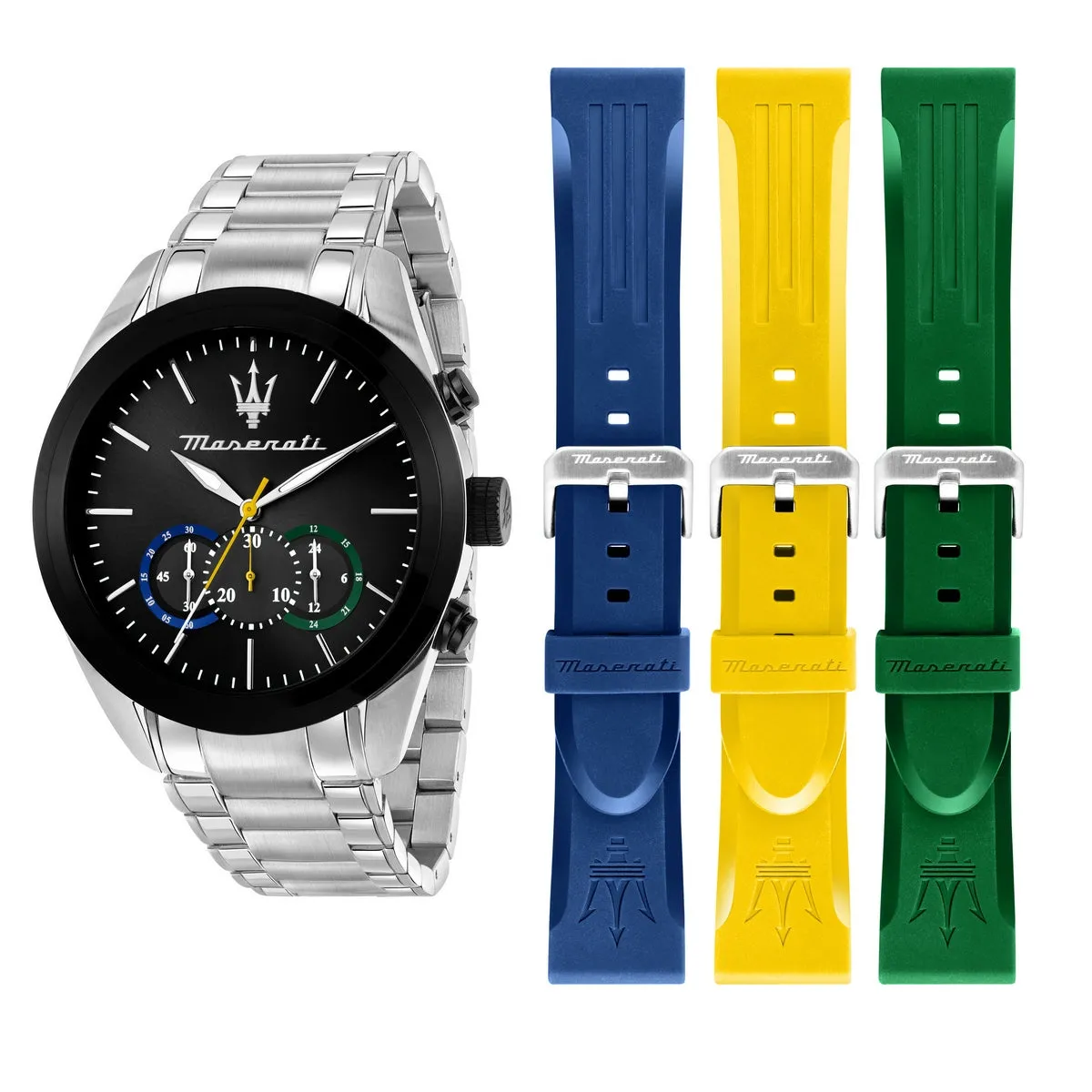maserati traguardo 45mm chronograph black dial stainless steel bracelet with 3 silicone straps
