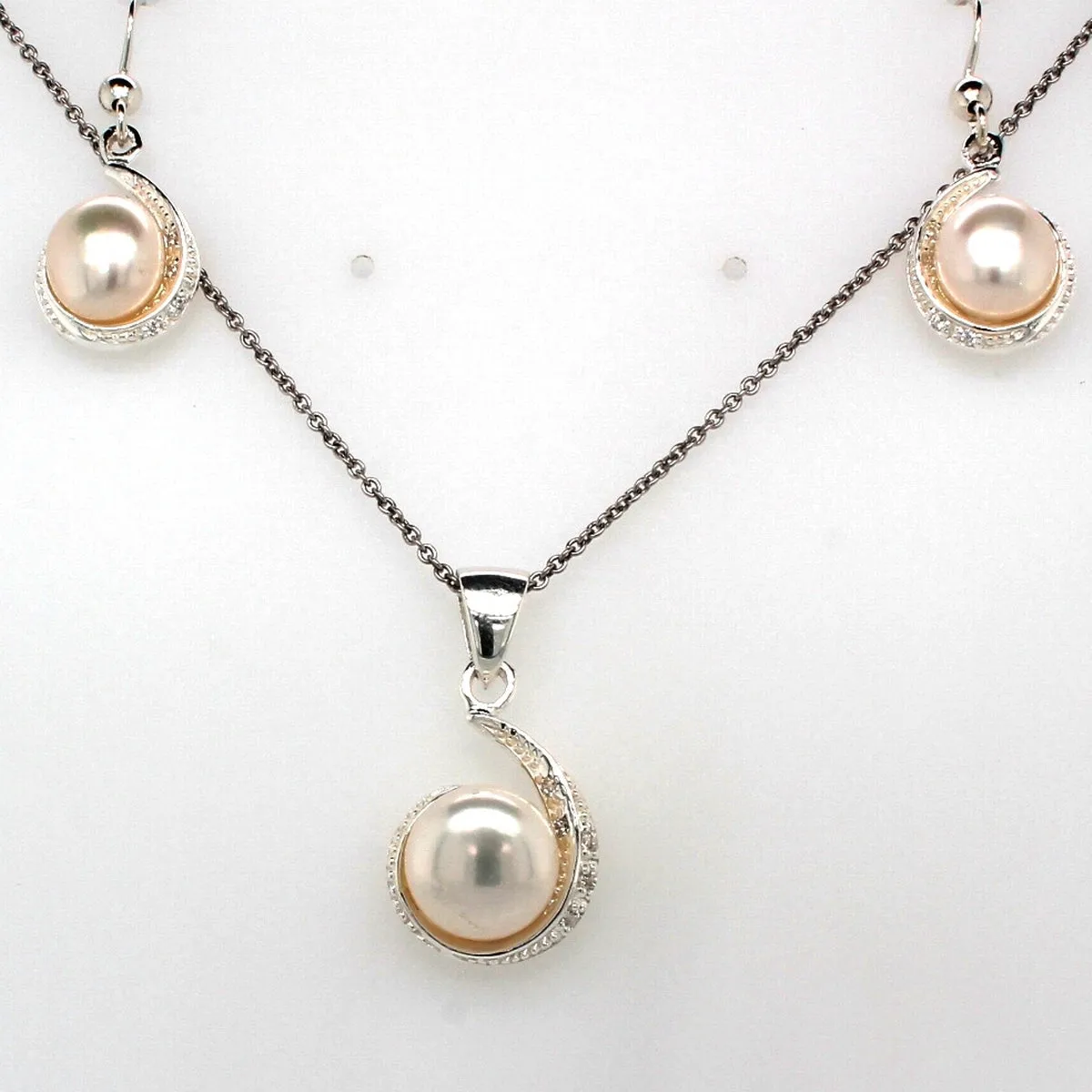 silver pearl mill grain swirl drop earring and pendant set 85mm