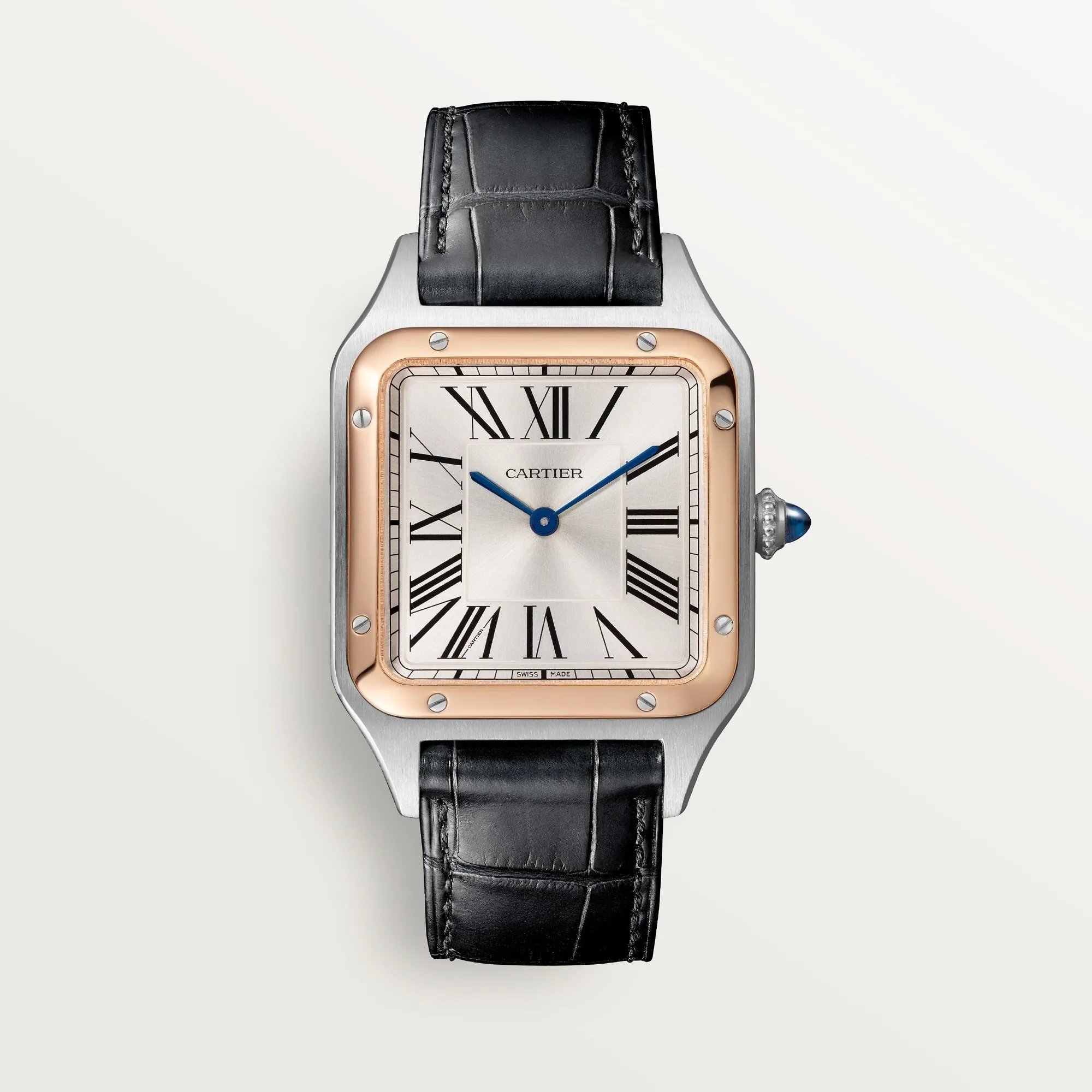 Cartier Santos Large 18k Rose Gold Silver Dial Black Leather W2SA0011