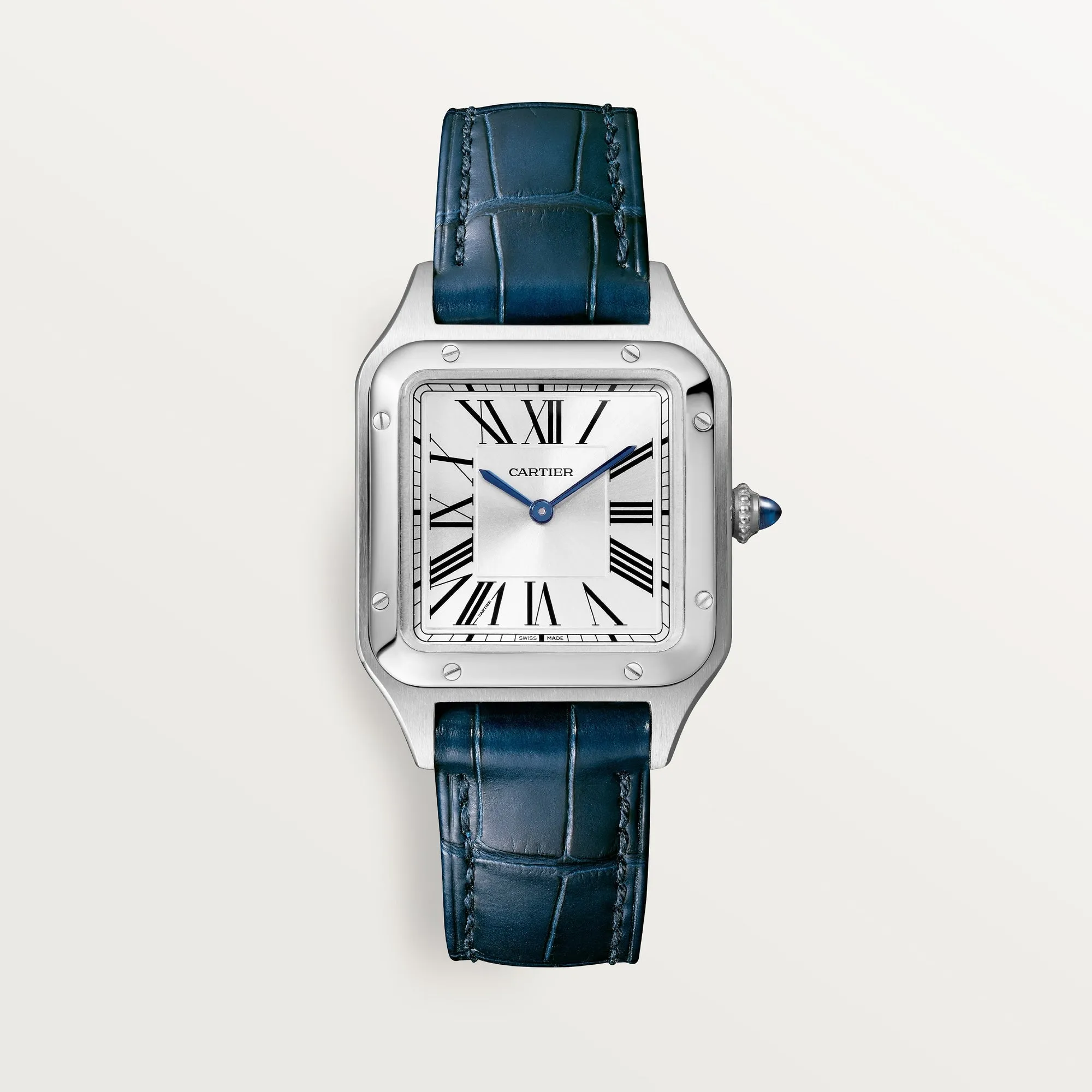 Cartier Santos Small Steel Silver Dial Navy Blue Leather WSSA0023