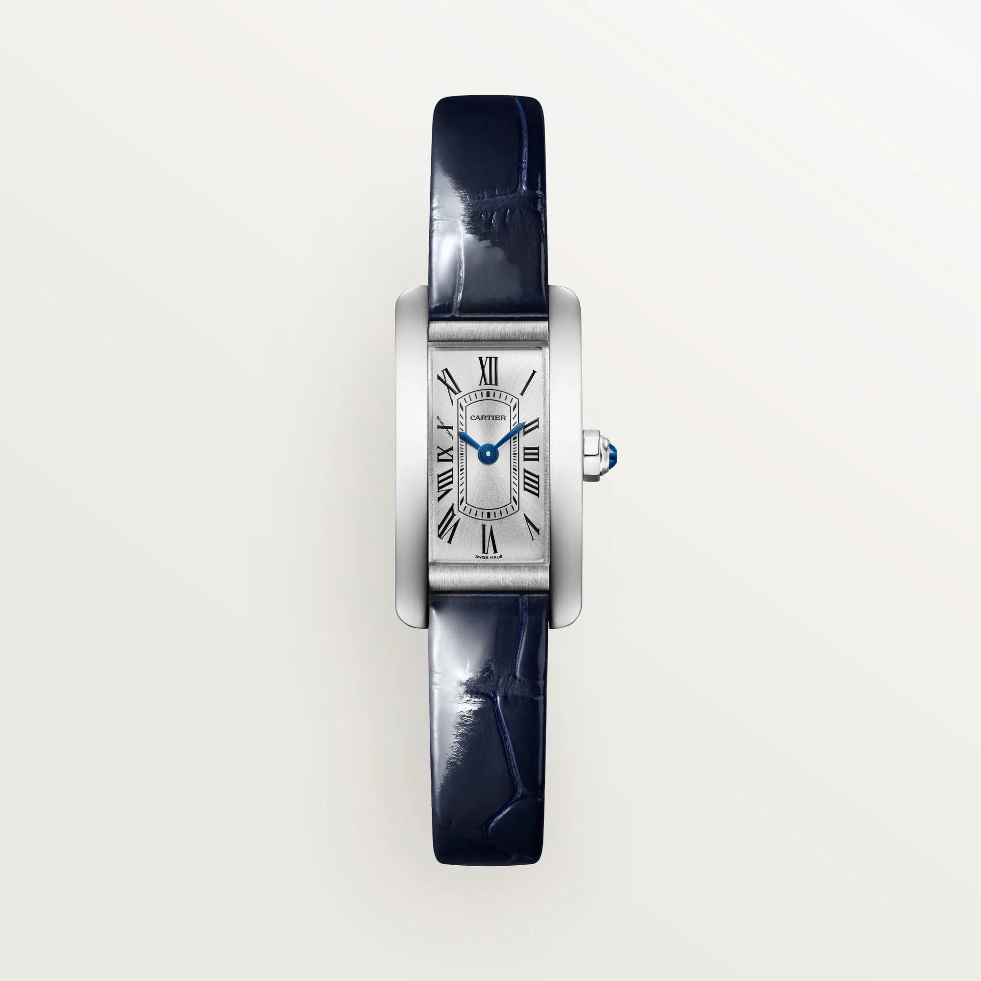 Cartier Tank Américaine Mini Steel Silver Sunray Dial Shiny Blue Skin Strap WSTA0081