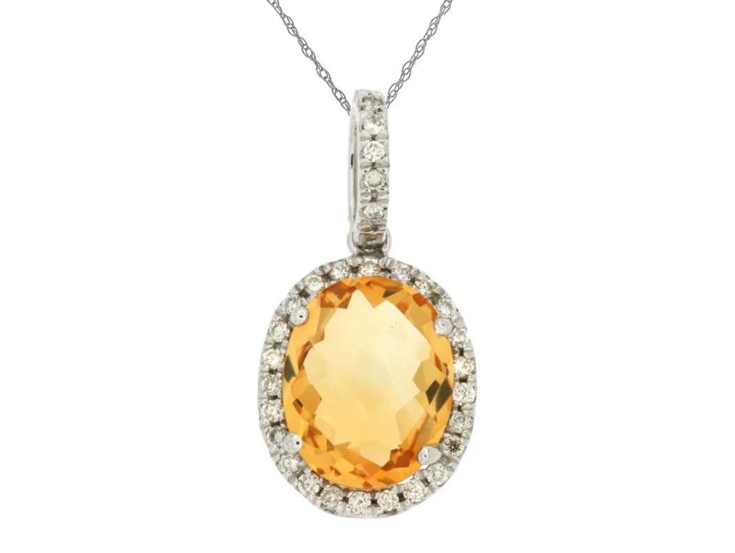 14K White Gold Citrine & Diamond Pendant Necklace by RJM