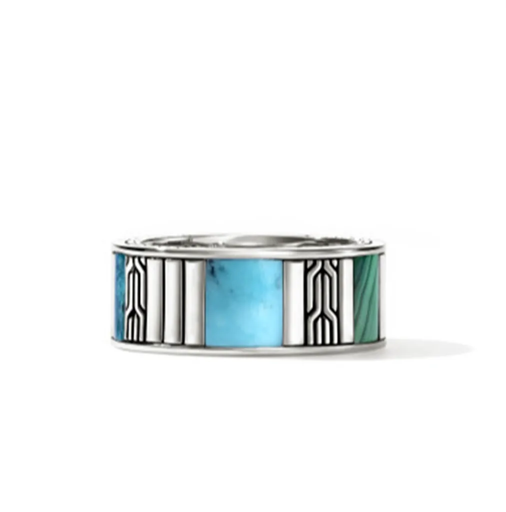 John Hardy Carved Chain Turquoise, Malachite, and Chrysocolla Ring