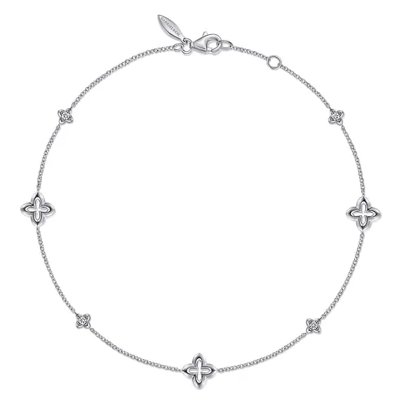 Sterling Silver White Sapphire Ankle Bracelet with Clover Stations