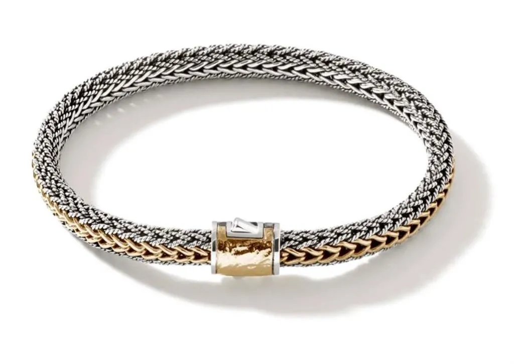 John Hardy Icon 18K Yellow Gold and Sterling Silver Reversible Bracelet with Reticulated Pusher Clasp