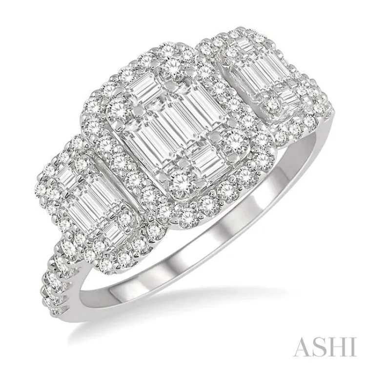 1 1/6 ctw Triple Mount Baguette & Round Cut Fusion Diamond Ring in 14K White Gold