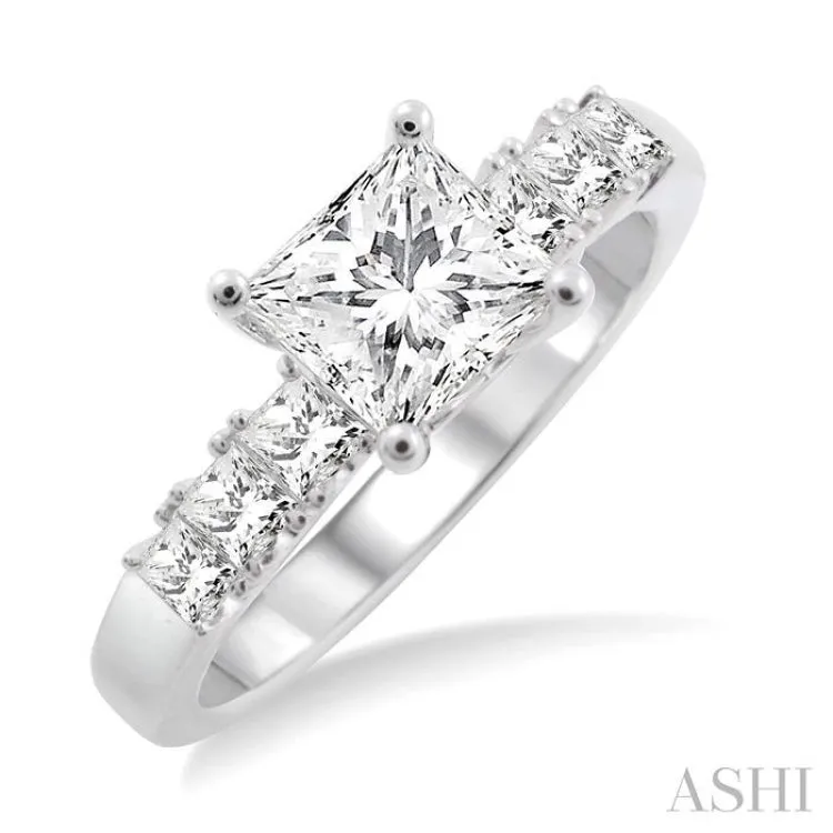 1 ctw Diamond Engagement Ring with 5/8 ct Princess Cut Center Stone in 14K White Gold