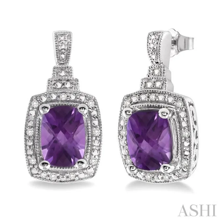 8x6 MM Cushion Shape Amethyst and 1/10 ctw Single Cut Diamond Earrings in Sterling Silver