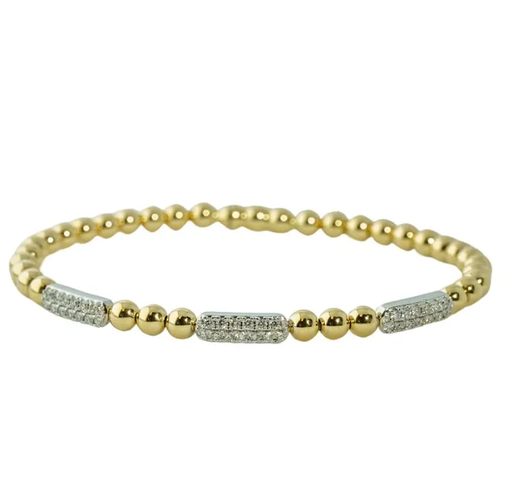 14K White and Yellow Gold Diamond Pave Three Station Bar Bujukan Beads Split Bangle Bracelet