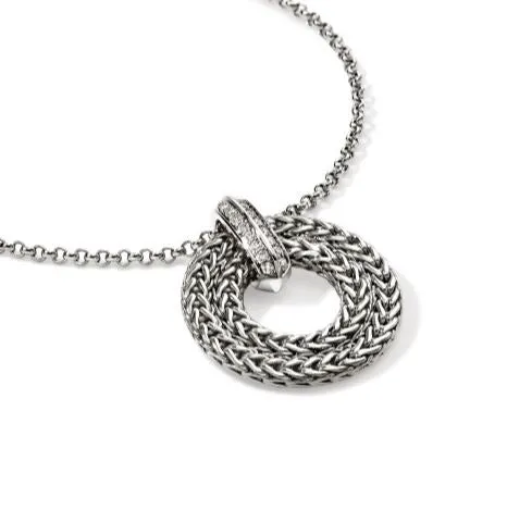 Icon Link Silver Diamond Pave Round Pendant on Rolo Chain 16-18" by John Hardy
