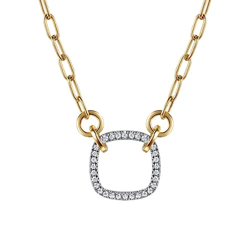 14K White & Yellow Gold Open Cushion Shape Diamond Hollow Necklace by Gabriel